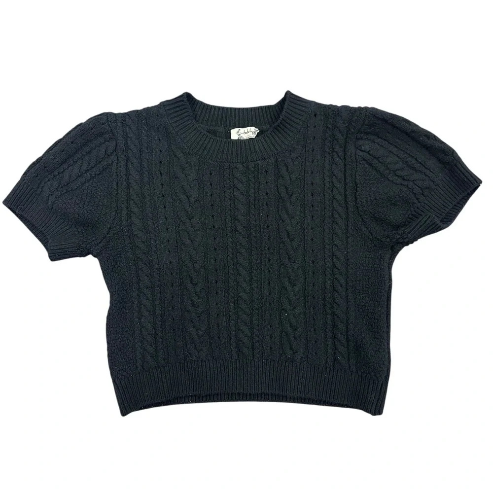 Free People‎ Cable-Knit Short-Sleeve Sweater Black Cropped Size Medium